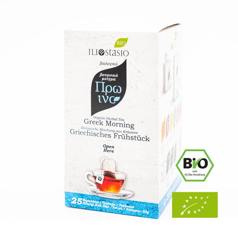 Iliostasio BIO Kräutertee Griechisches Frühstück, die große Packung mit 25 Stück – aromatischer Kräutertee mit traditioneller Rezeptur, ideal für den mediterranen Start in den Tag.