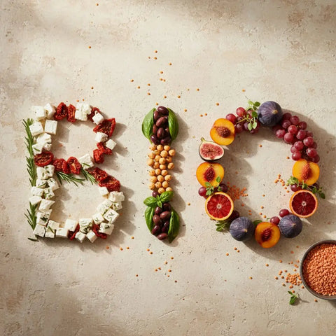BIO Logo aus frischen Zutaten, Obst, Gemüse und Feta