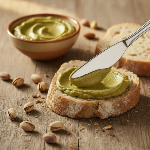 Cremiger Pistazien-Aufstrich auf frischem Brot – handwerklich hergestellt, natürlich und unvergleichlich aromatisch. Authentischer Genuss aus Kreta mit KRETA natürlich.