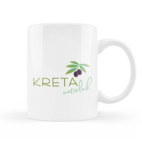 Weiße KRETA natürlich Tasse mit Schriftzug – schlichtes Design, hochwertiger Sublimationsdruck, gefertigt in den Werkstätten St. Georg in Gelsenkirchen.