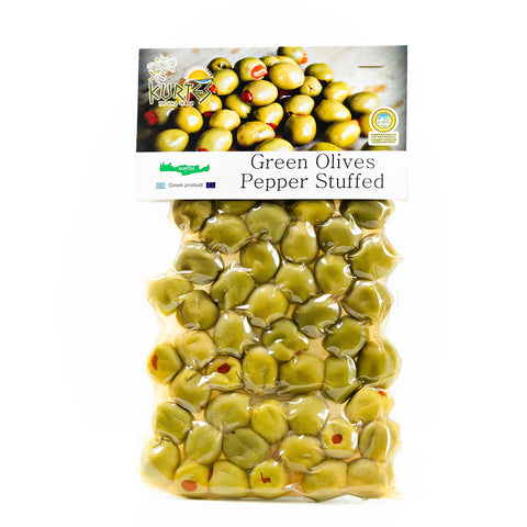Kurtes Grüne Oliven gefüllt mit Paprika 250 g – saftige mediterrane Oliven gefüllt mit fruchtiger Paprika, ideal als Snack oder für Salate.