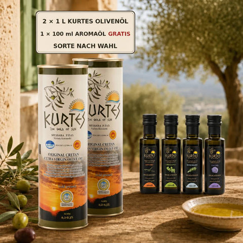 Kurtes Olivenöl Vorteilsset, 2 × 1 Liter + 100 ml Aromaöl gratis