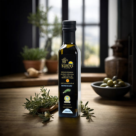 Kurtes extra natives Olivenöl mit Rosmarin – schonend veredelt mit natürlichen Extrakten. Reines Aroma für die mediterrane Küche von KRETA natürlich.