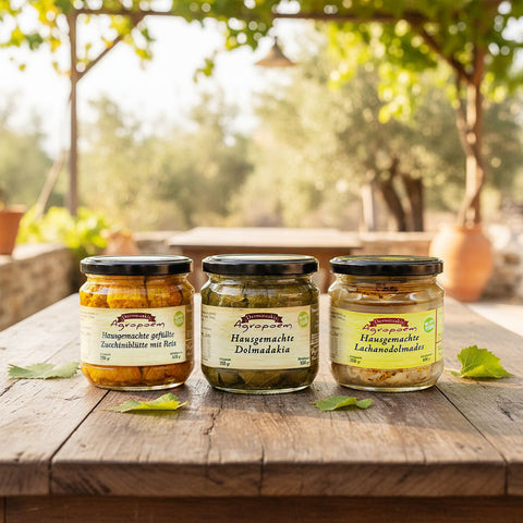 Kreta Meze Genuss Set aus Dolmadakia, Lachanodolmades und gefüllten Zucchiniblüten – fertig vorbereitet für den schnellen Genuss