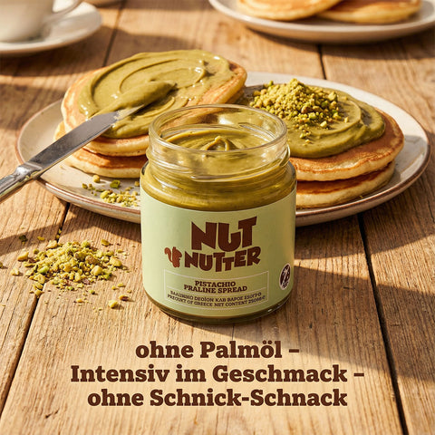 Pistazien Praline Aufstrich von NutNutter aus Kreta. Cremig und intensiv nussig, hergestellt ohne Palmöl aus ausgewählten Zutaten
