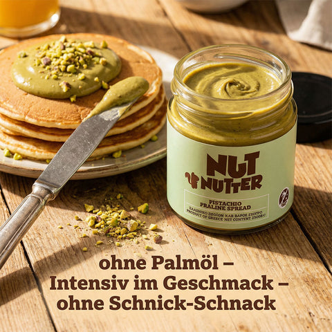 Pistazien Praline Aufstrich von NutNutter aus Kreta, cremig und nussig, ideal als Brotaufstrich oder zum Verfeinern von Desserts