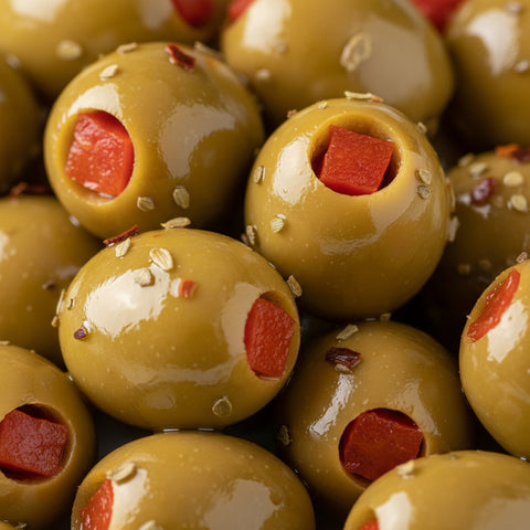 Kurtes - grüne Oliven mit Paprika gefüllt. Echte Paprika, keine Paste, ein wahrer Qualitätsvorteil. 