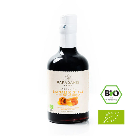 Papadakis Crete BIO - Balsamic Glaze Thymian-Honig 250 g – aromatische Balsamico-Glasur mit süßer Thymian-Honig-Note, perfekt für mediterrane Gerichte und Desserts.