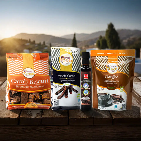 Carob Selection Produktpaket – Johannisbrot Schoten, Carob Sirup, Carob Biscuits und Caroffee aus Kreta