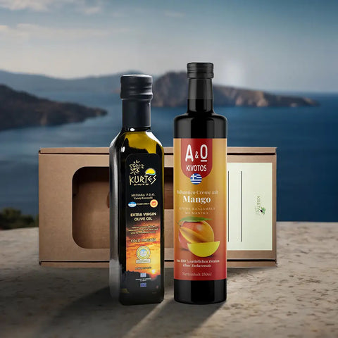 Produktpaket Mediterrane Genussbox Mango – stilvolle Zusammenstellung feiner mediterraner Delikatessen mit exotischer Mango-Note für besonderen Genuss.