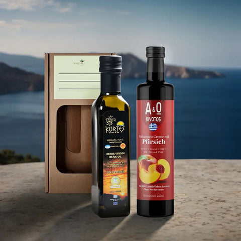 Produktpaket Mediterrane Genussbox Pfirsich – feine Auswahl mediterraner Spezialitäten mit fruchtig-süßer Pfirsich-Note für besonderen Genuss.