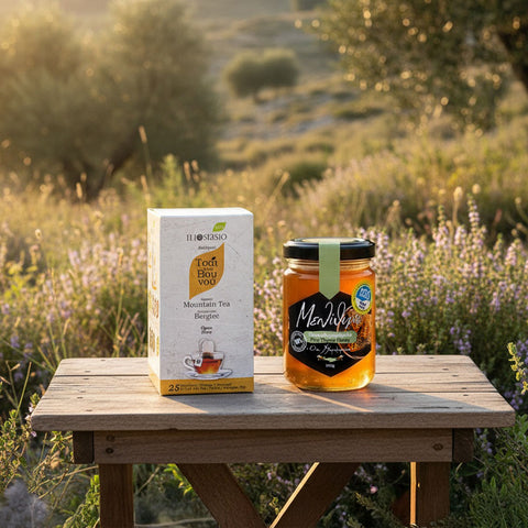 Siga Siga Set – griechischer Bergtee im Teebeutel und Thymian-Kiefer Honig aus Kreta