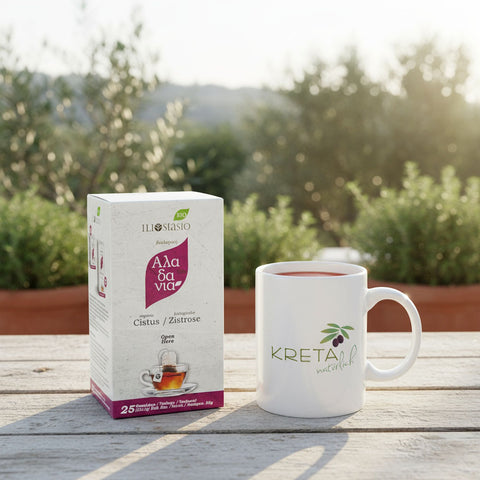 KRETA natürlich Tasse mit BIO Zistrosen Tee im Teebeutel - kretischer Teemoment Set