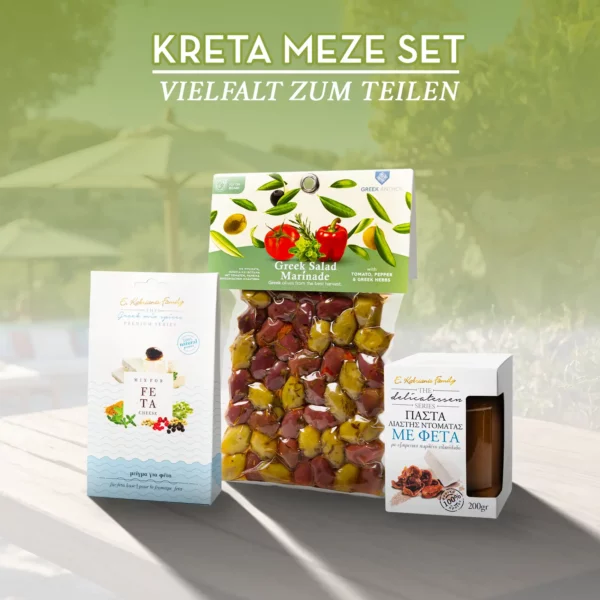 KRETA Meze Set, bestehend aus Oliven, Tomaten-Feta-Paste und Gewürzmischung